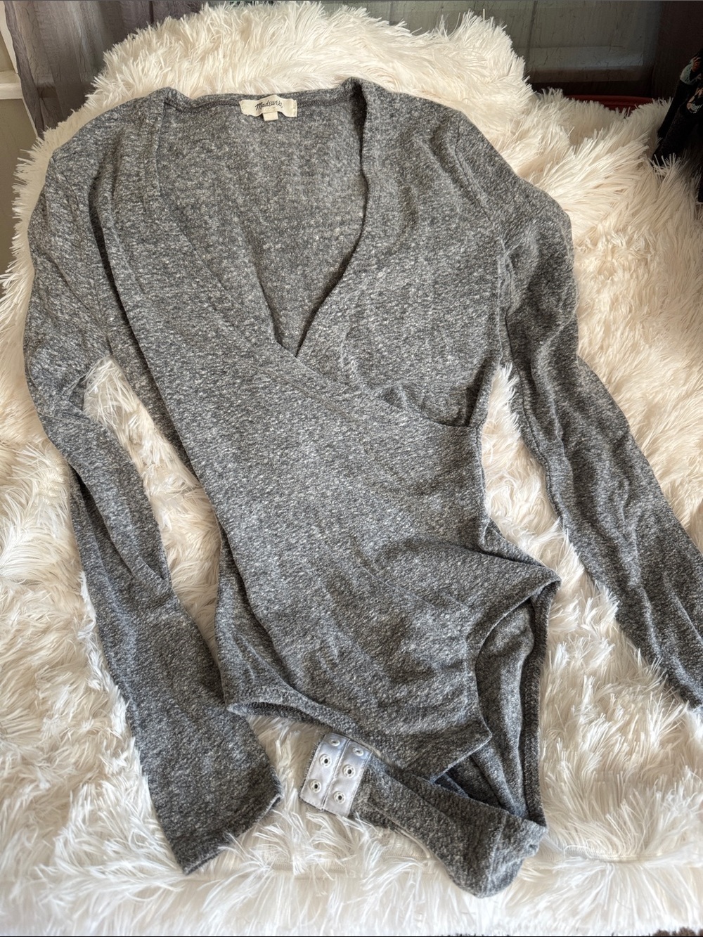 Madewell Gray Wrap-Front Long Sleeve Bodysuit